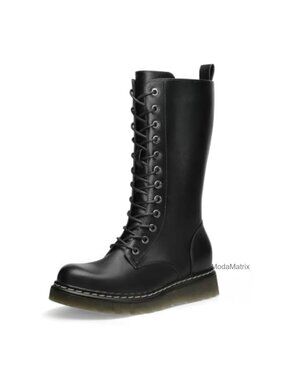 Faux Leather Combat Boots Lace Up Mid Calf Side Zip Chunky Platform